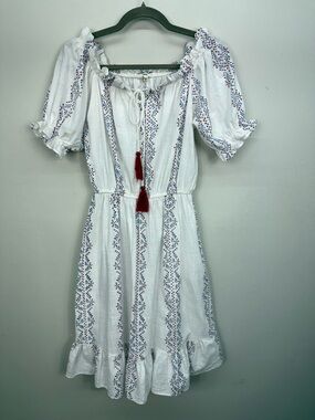 White Ruffled Midi Peasant Bohemian Cotton Dress with Red Tassels One Size (S-M)